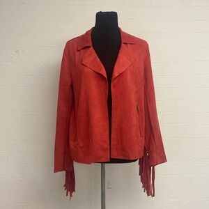 Western Jacket, Red with Fringe Sleeves, Size M, Back in the Saddle, Faux Suede
